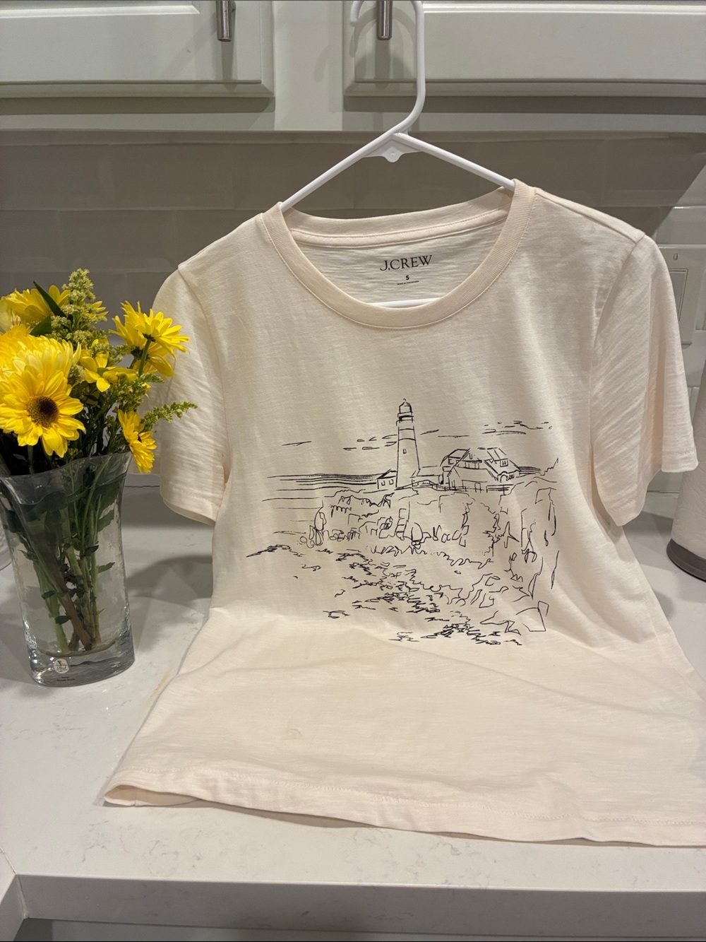 J. Crew Cream Tee with Black Lighthouse Sketch